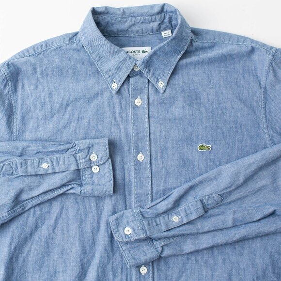 Lacoste Men's Large Slim Fit Cotton Blue Chambray Button Down Shirt - Picture 1 of 10